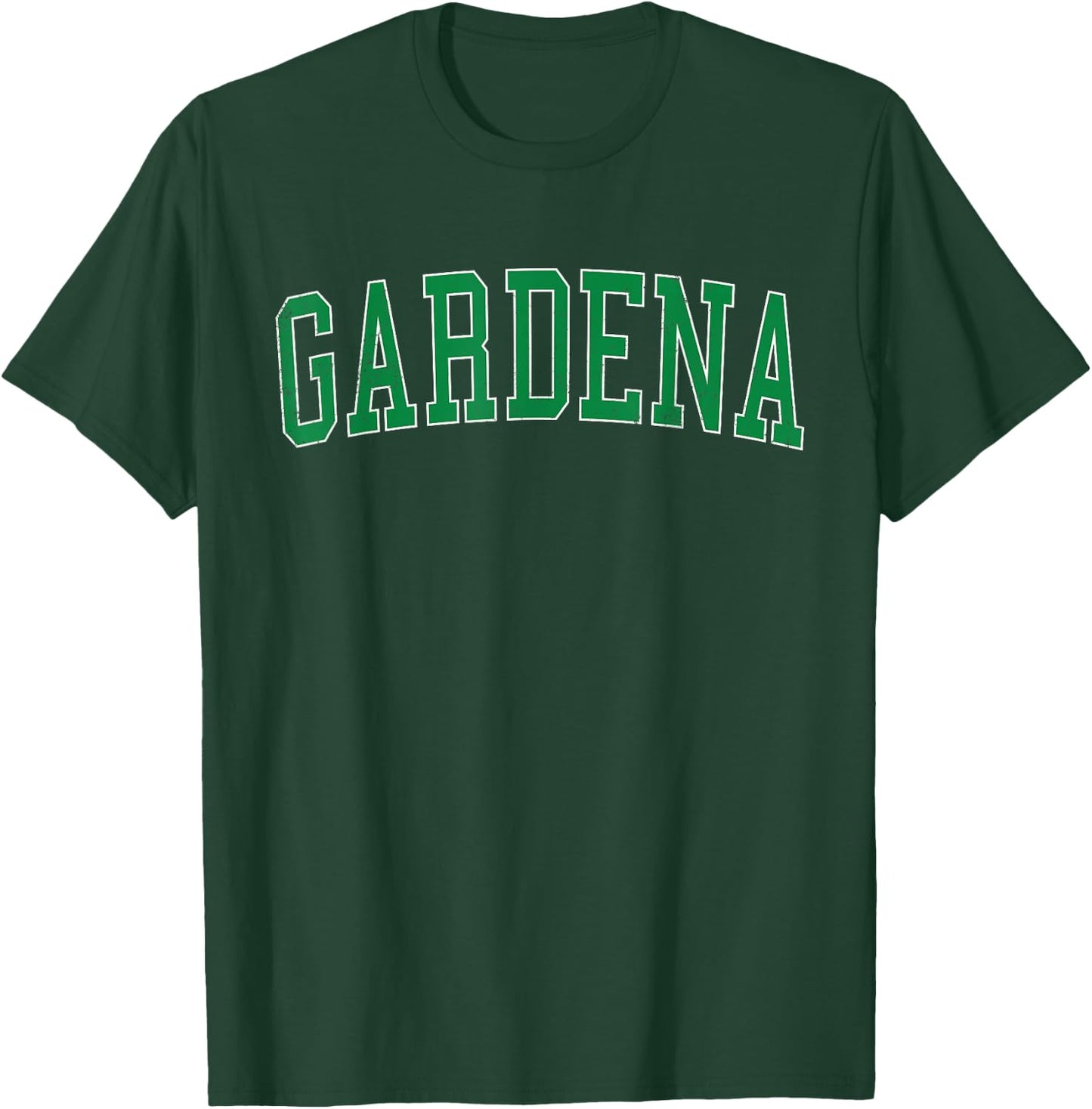 Vintage Gardena CA Distressed Green Varsity Style T-Shirt - T-Shirt | Forest