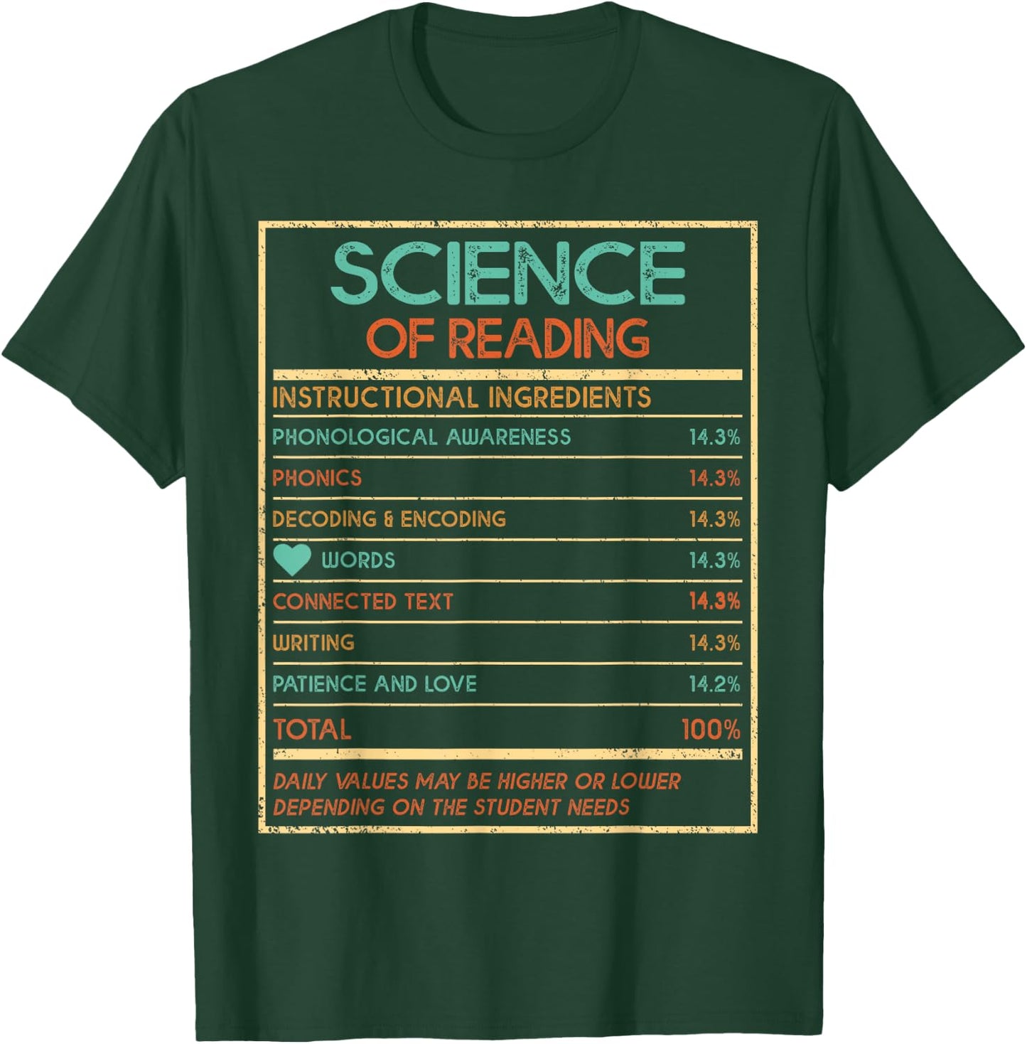 Reading Teacher Funny Science Of Reading Nutrition Facts Women Kids T-Shirt - T-Shirt | Forest