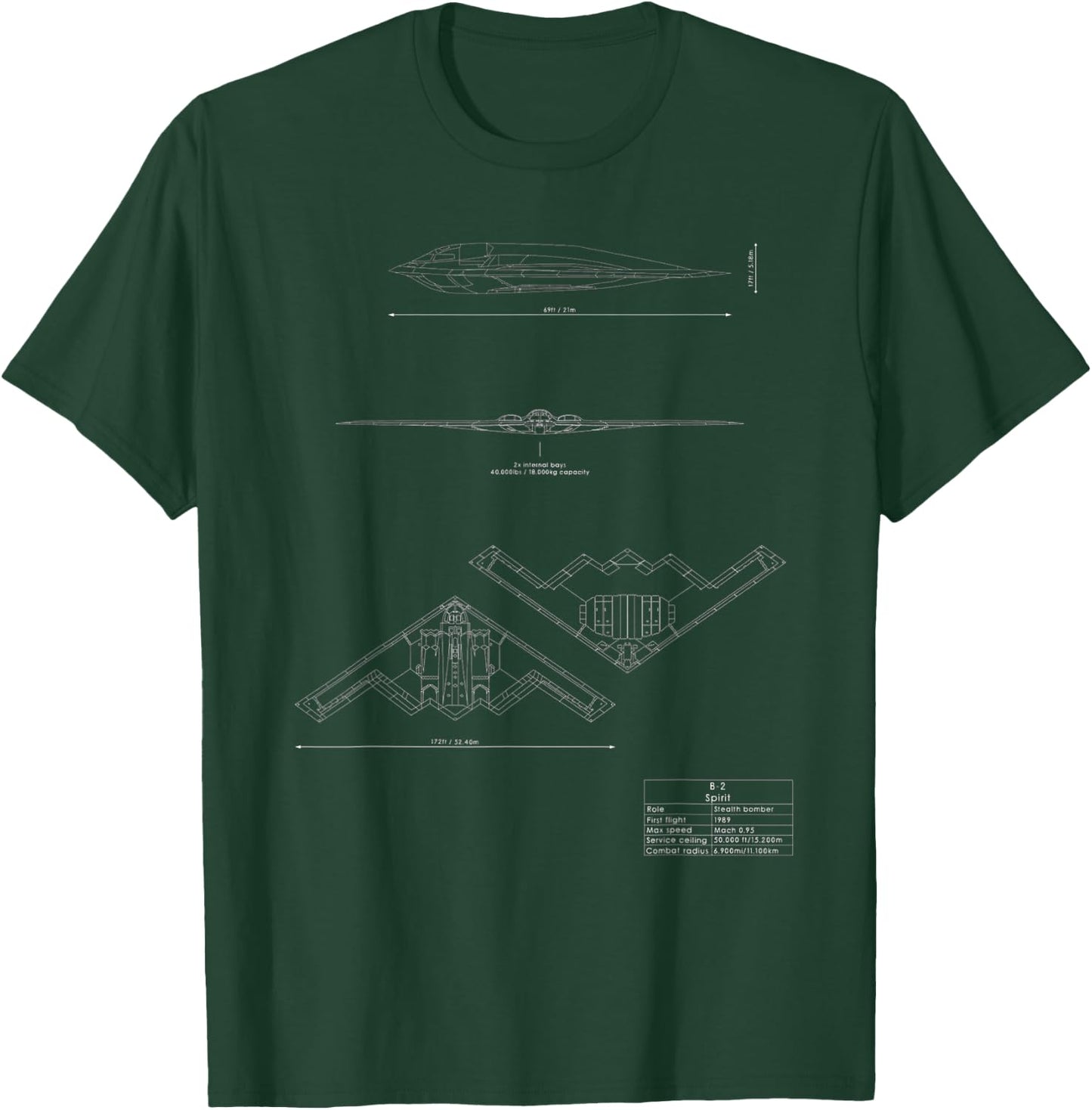B-2 Spirit Stealth Bomber Tech Drawing Military Airplane T-Shirt - T-Shirt | Forest