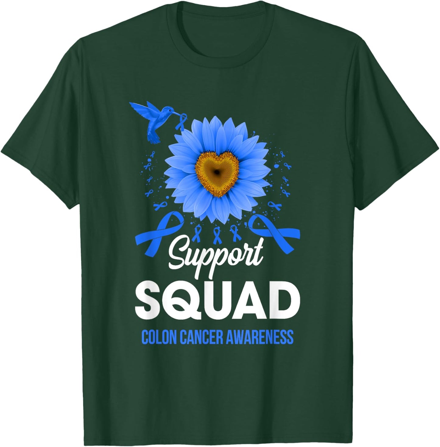 Support Squad Colon Cancer Awareness Sunflower Hummingbird T-Shirt - T-Shirt | Forest