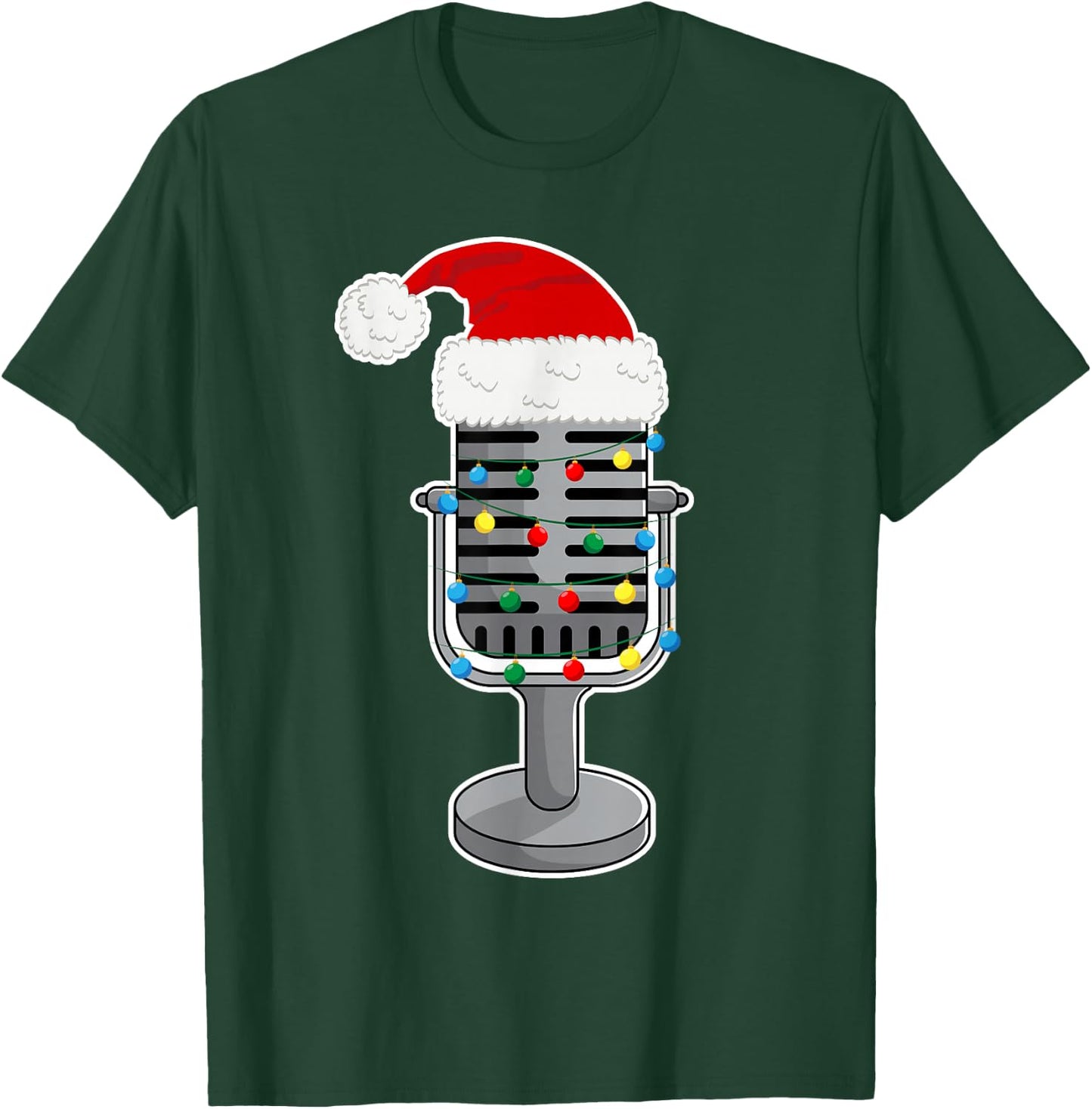 Christmas Lights Podcast Mic Wearing Xmas Hat Podcaster T-Shirt - T-Shirt | Forest