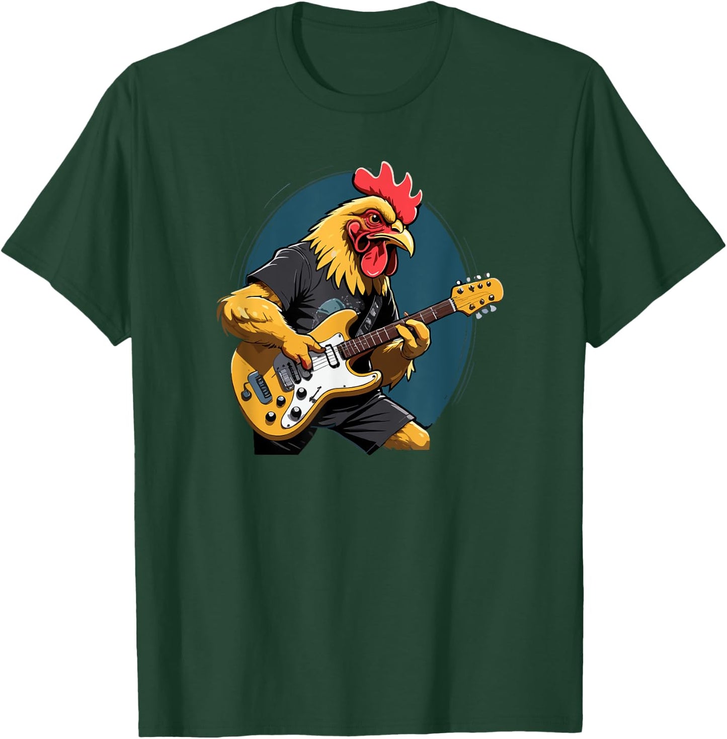 Music Lovers Chicken playing Guitar Chicken Guitarist Black Cartoon T-Shirt - T-Shirt | Forest
