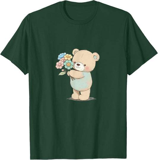 Cartoon Bear with Flowers T-Shirt - T-Shirt | Forest