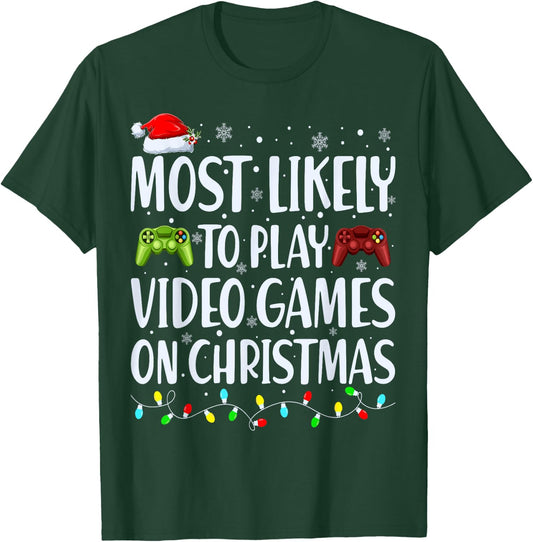 Most Likely To Play Video Games On Christmas Xmas Lights T-Shirt - T-Shirt | Forest