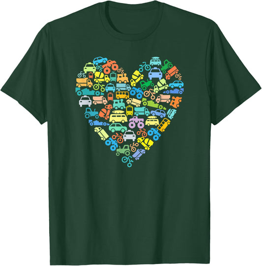 RST Creative Kids Kids Transportation Heart Love Truck Car Train Vehicles Birthday T-Shirt - T-Shirt | Forest