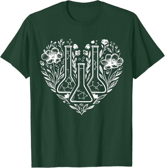 Retro Laboratory Floral Beakers Heart Chemistry Scientist T-Shirt - T-Shirt | Forest