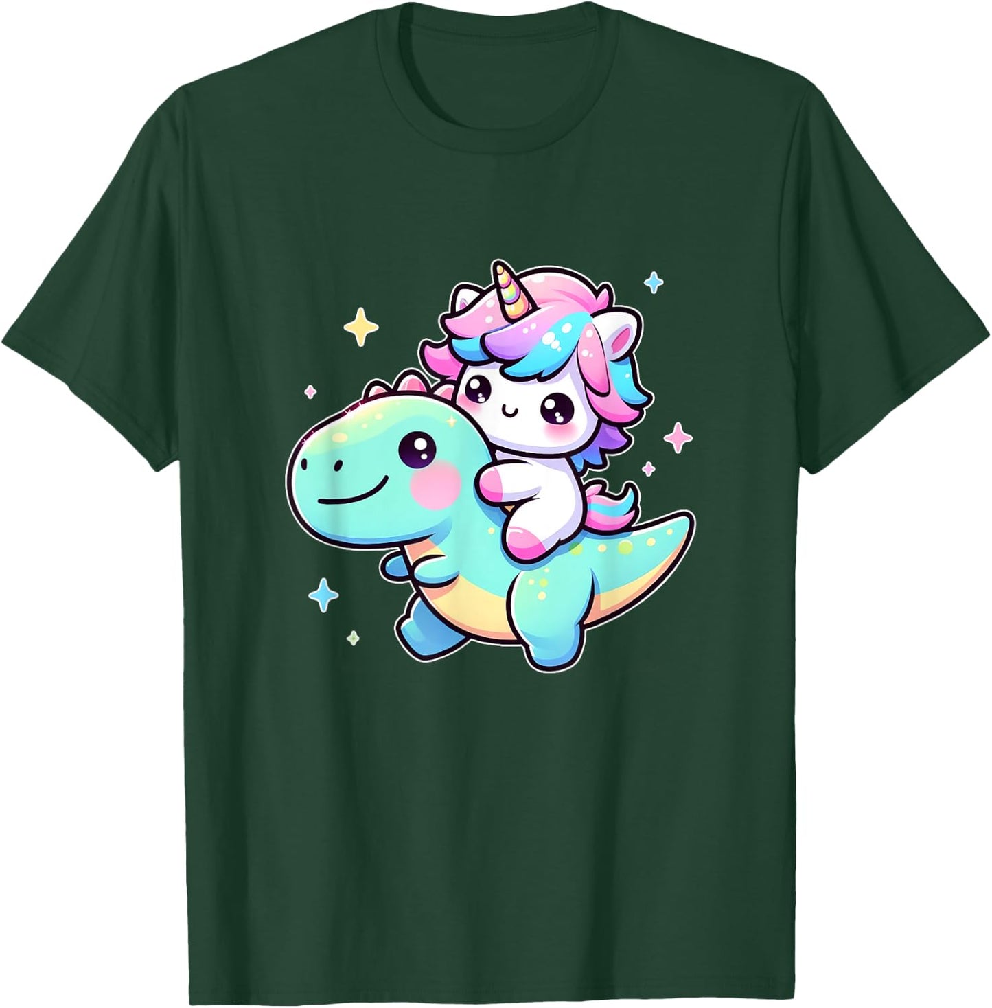 Adorable Kawaii Unicorn Rides Dinosaur T-Shirt - T-Shirt | Forest