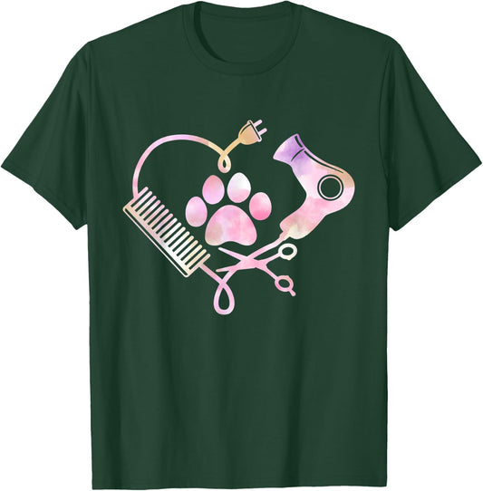 Dog Grooming Hair Dryer Heart Shirt Dog Groomer Gifts T-Shirt - T-Shirt | Forest
