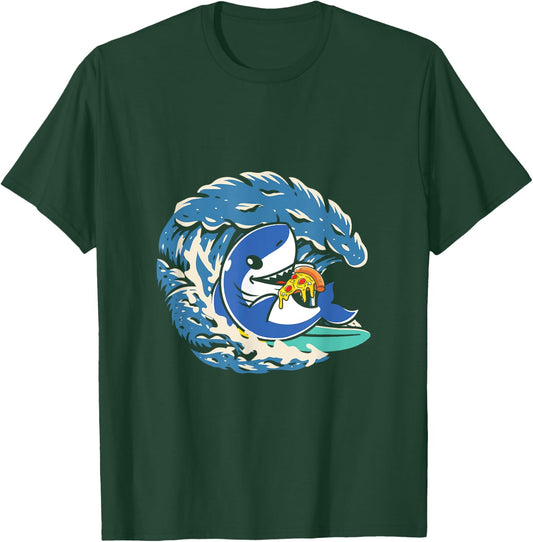 Surfing Shark Eating Pepperoni Pizza T-Shirt - T-Shirt | Forest