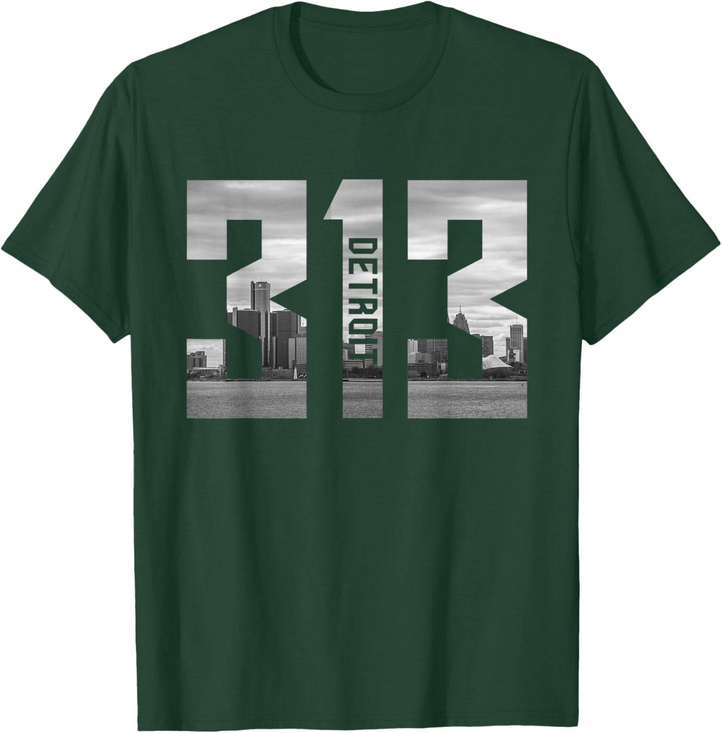 Vintage Detroit Michigan 313 Area Code Skyline T-Shirt - T-Shirt | Forest