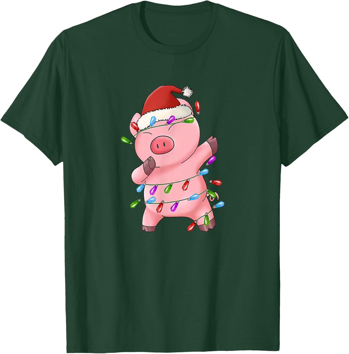 Dabbing Pig Santa Hat Christmas Tree Lights Funny Xmas T-Shirt - T-Shirt | Forest