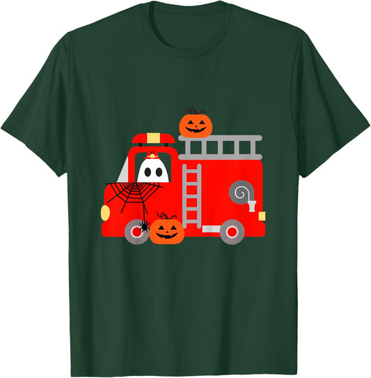 Toddler Boy Firetruck Halloween Fire Truck Firefighter Ghost T-Shirt - T-Shirt | Forest