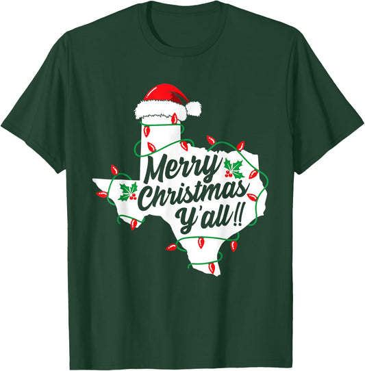 Funny Southern Humor Merry Christmas Y'All Texas Map Santa T-Shirt - T-Shirt | Forest