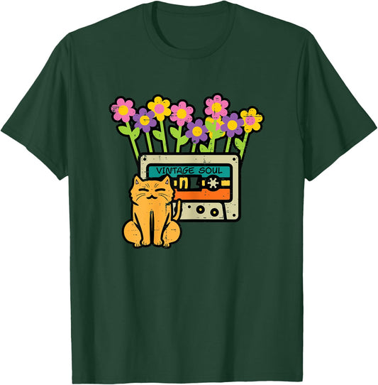 Cat Casette Tape Vintage Soul Flowers Retro Mom Women Girls T-Shirt - T-Shirt | Forest