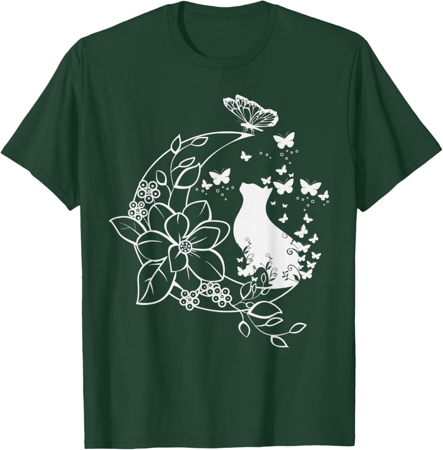 Cat with floral crescent and butterflies. T-Shirt - T-Shirt | Forest