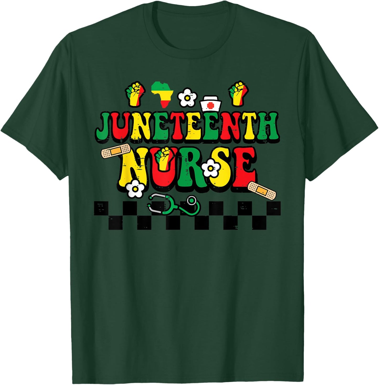Juneteenth Black Nurse Retro 1865 Groovy Scrub Top Men Women T-Shirt - T-Shirt | Forest