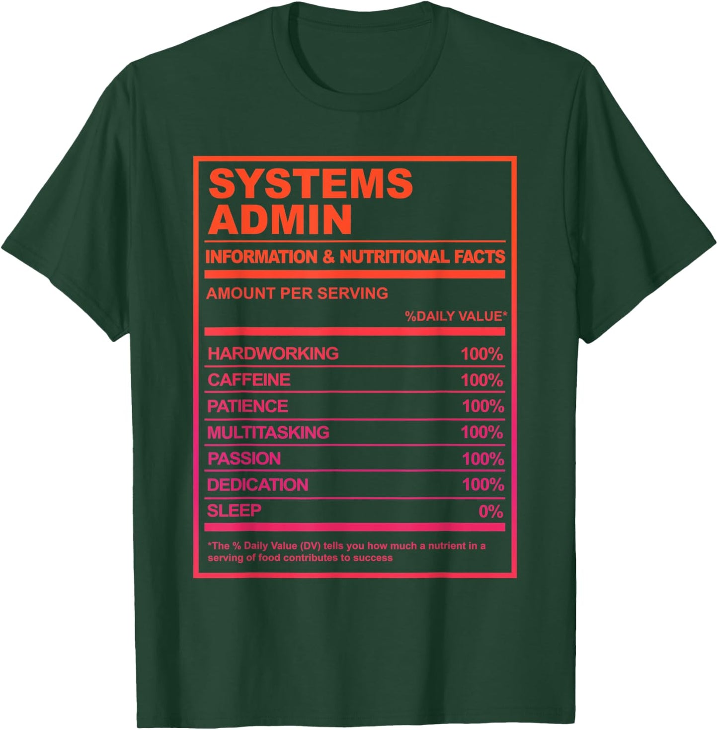 Systems Admin Nutrition Facts Tech Humor T-Shirt - T-Shirt | Forest