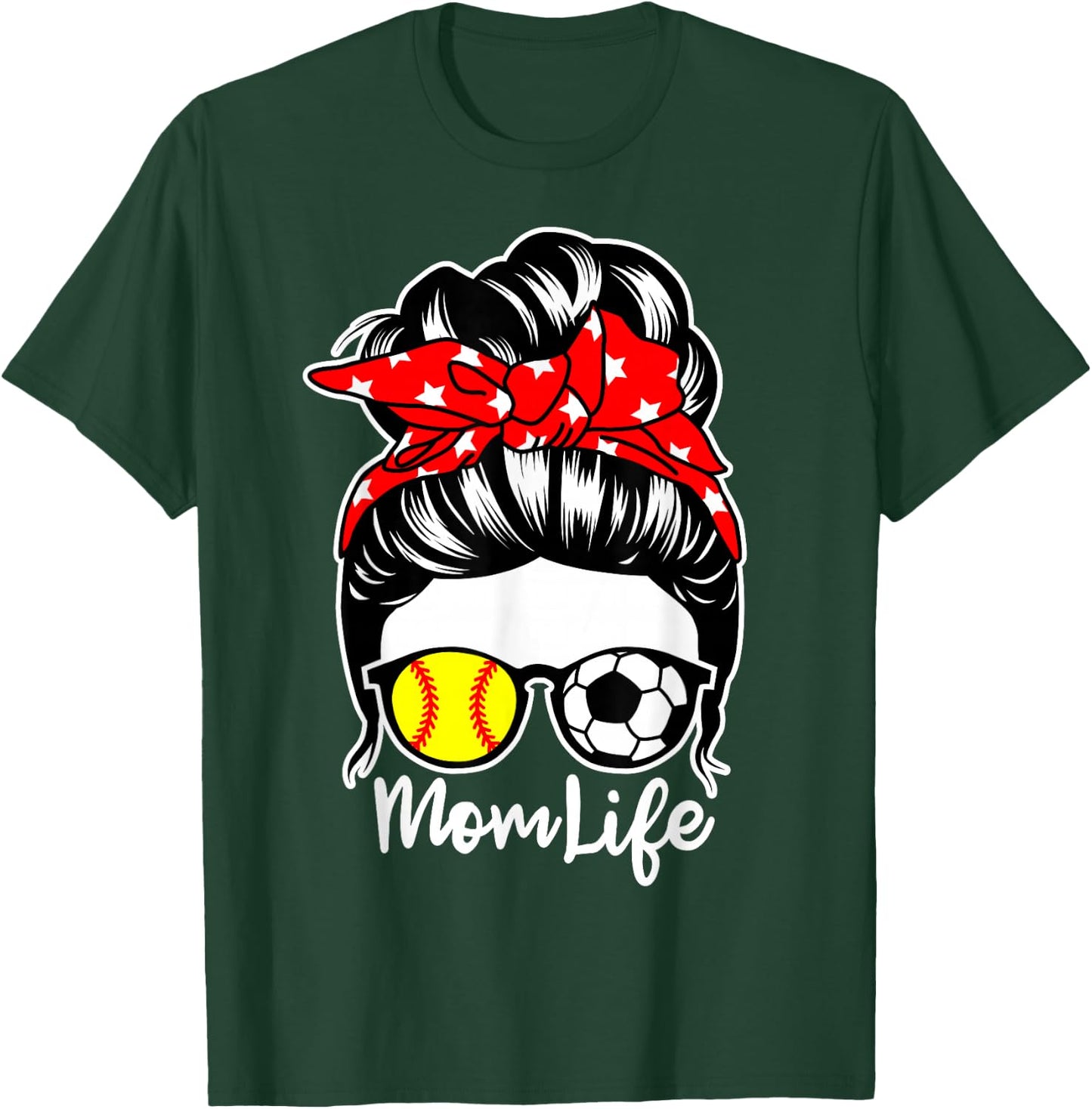 Mom Life Messy Bun Hair Soccer Softball Player Mom T-Shirt - T-Shirt | Forest