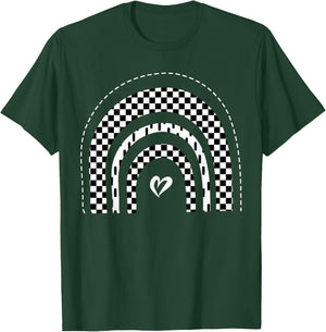 Checkered Rainbow Black White Racing Checkerboard Graphic T-Shirt - T-Shirt | Forest