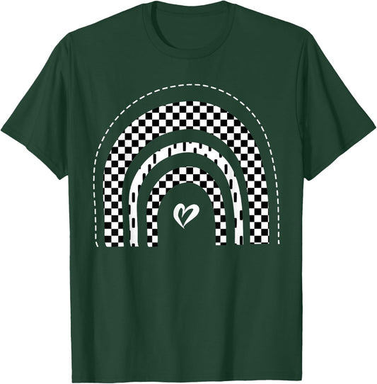 Checkered Rainbow Black White Racing Checkerboard Graphic T-Shirt - T-Shirt | Forest