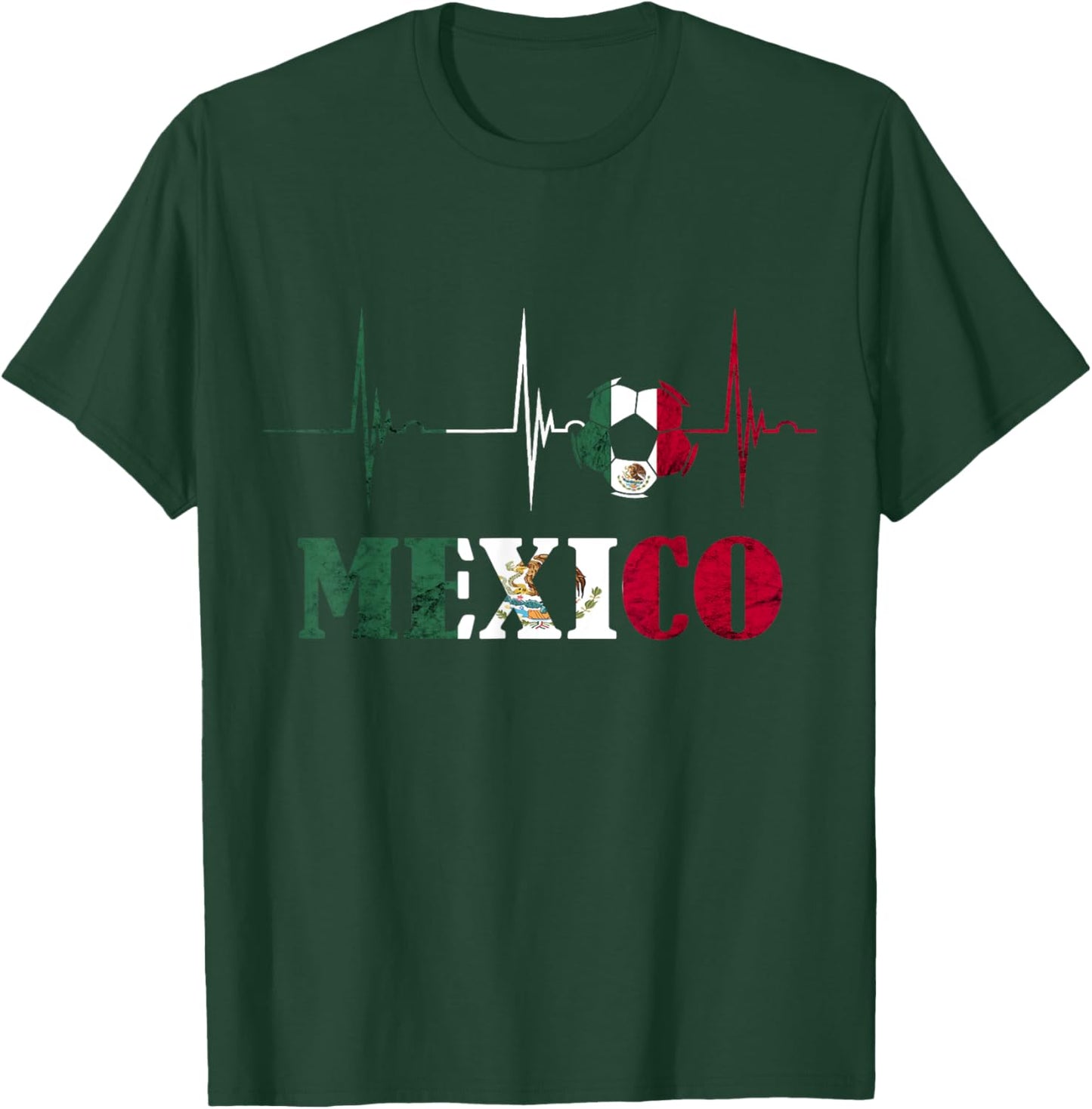 Mexico Heartbeat EKG Pulse Ball Mexico Soccer Mexican Flag T-Shirt - T-Shirt | Forest