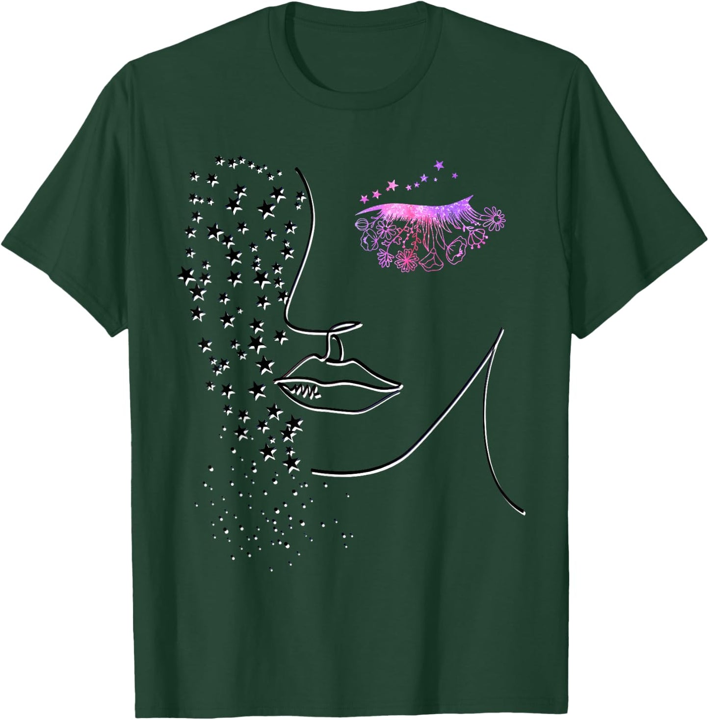 Female Minimalist Face Art - Pink Flower Eye Lashes & Stars T-Shirt - T-Shirt | Forest