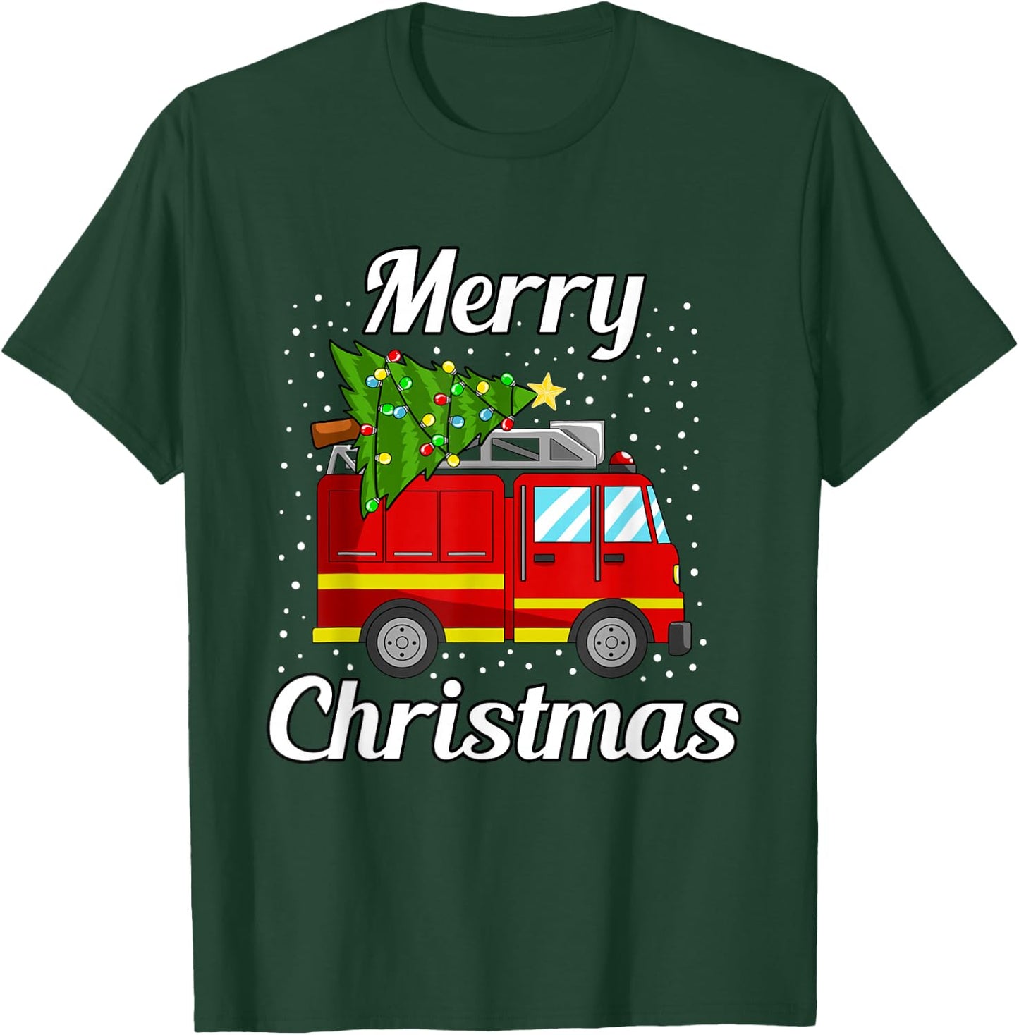 Merry Christmas Tree Firetruck Pajama Firefighter Fireman T-Shirt - T-Shirt | Forest