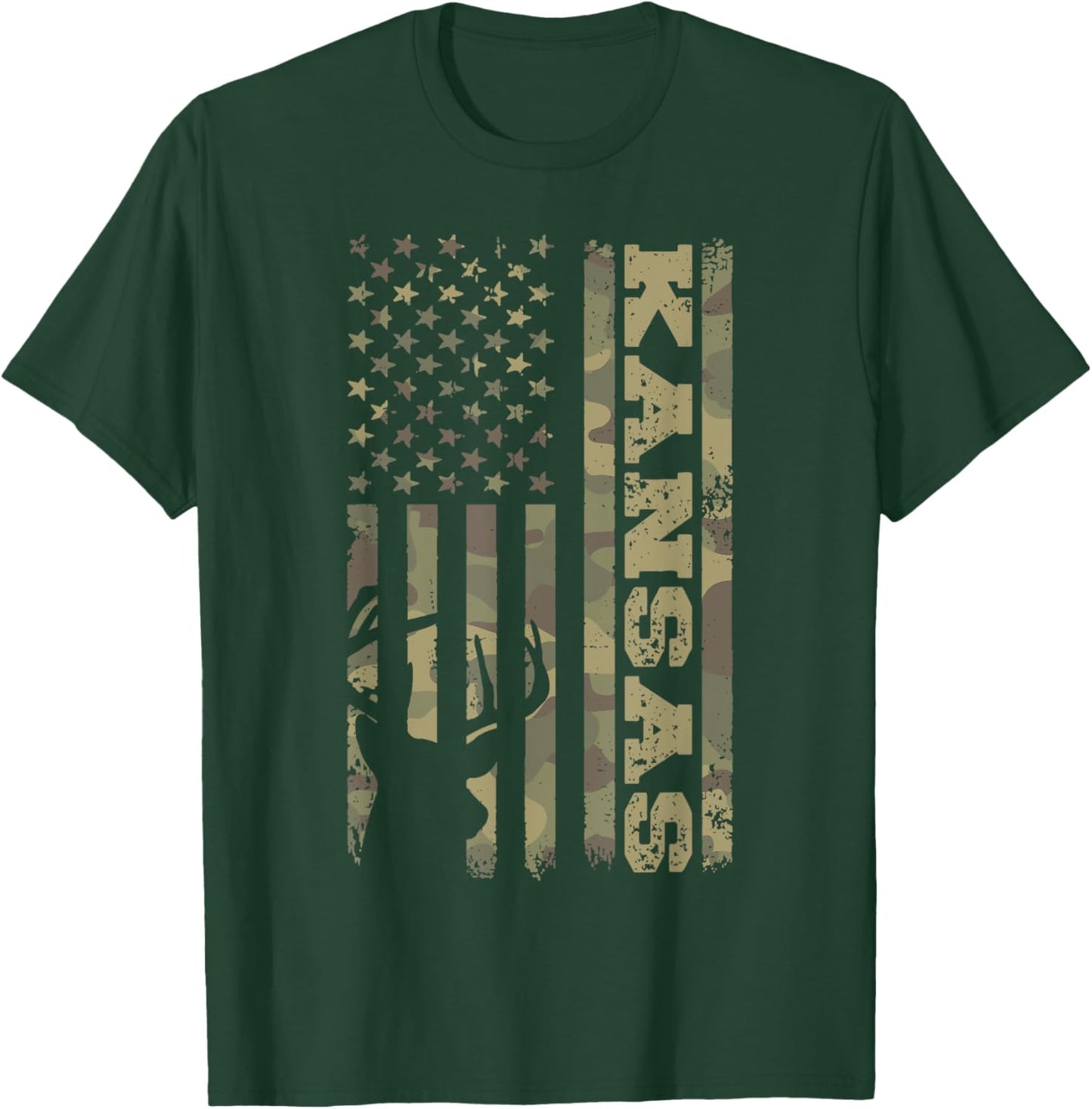 Kansas Deer Hunter Vintage Deer Hunting Camo USA Flag T-Shirt - T-Shirt | Forest