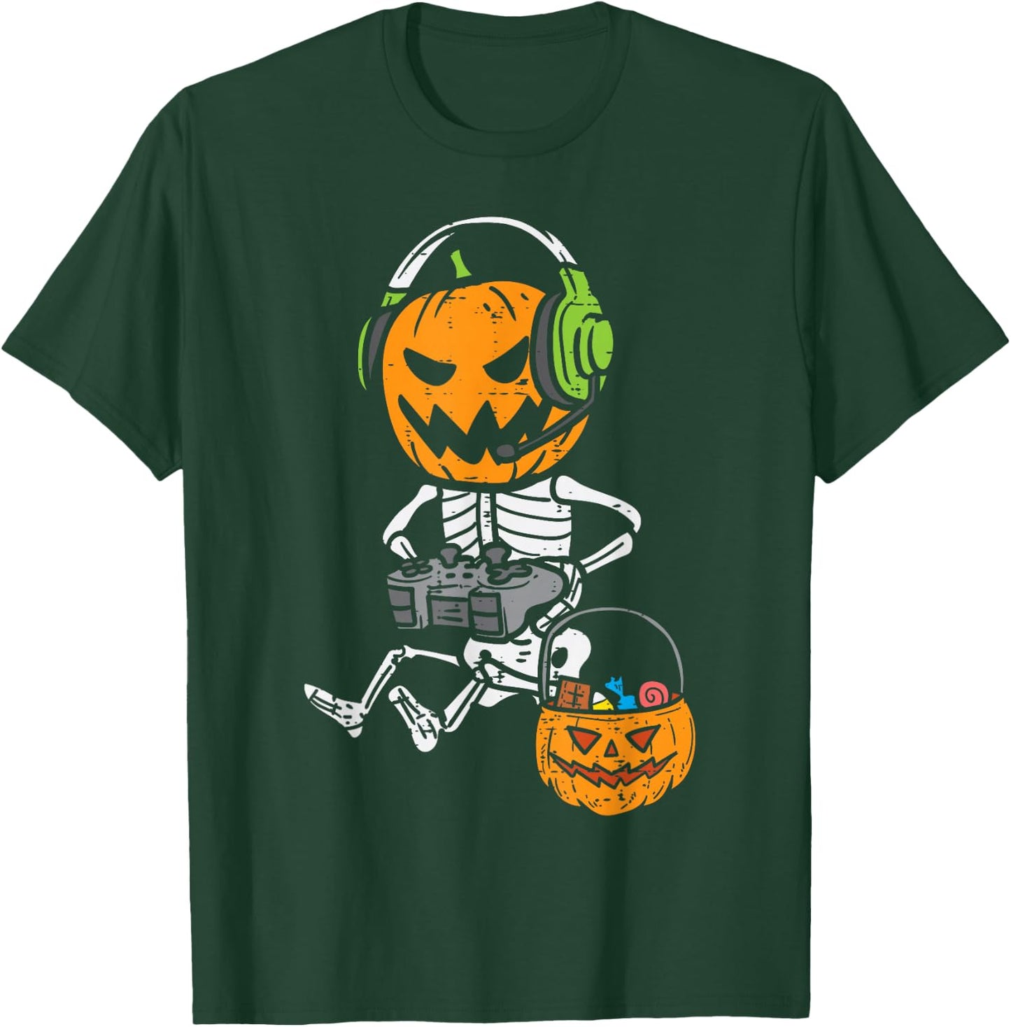 Gamer Pumpkin Skeleton Funny Halloween Gaming Boys Men Kids T-Shirt - T-Shirt | Forest