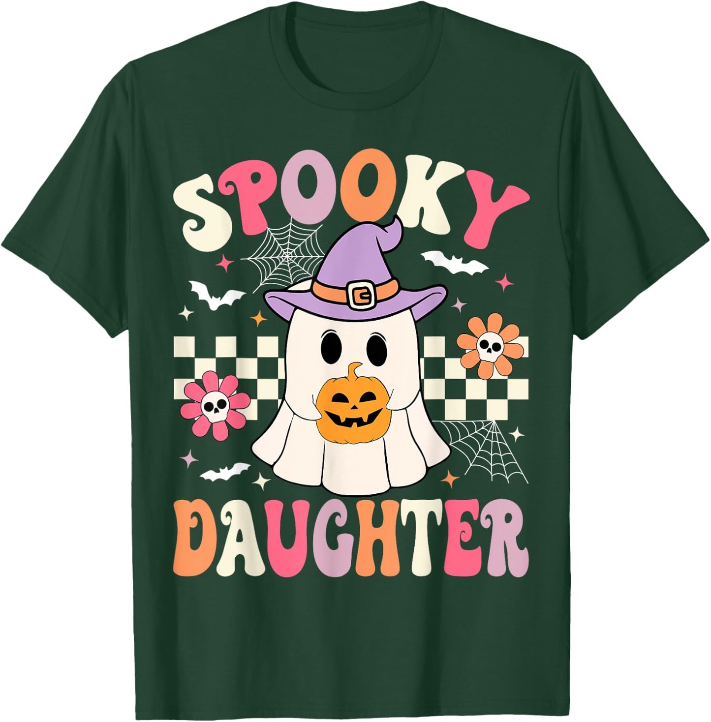 Groovy Spooky Daughter Retro Ghost Holding Pumpkin Halloween T-Shirt - T-Shirt | Forest