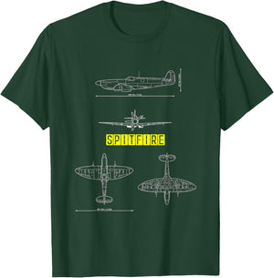 Spitfire Iconic British Airplane Blueprint Design T-Shirt - T-Shirt | Forest