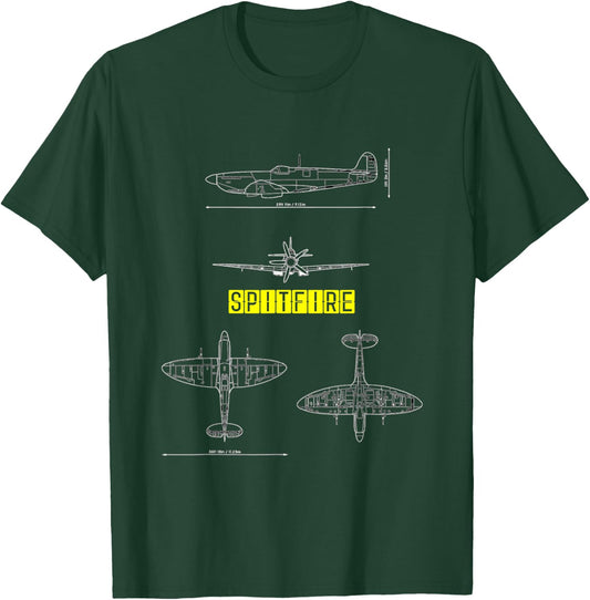 Spitfire Iconic British Airplane Blueprint Design T-Shirt - T-Shirt | Forest