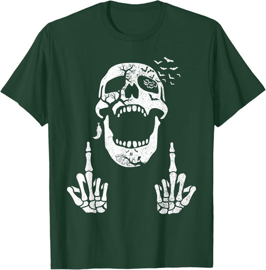 Halloween Skeleton Bones Middle Finger Skull Men Women T-Shirt - T-Shirt | Forest