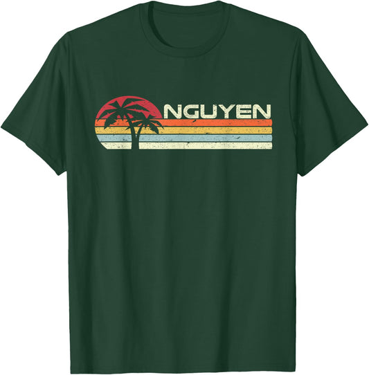 Nguyen Surname 80s 90s Vintage Sunset with Palm Trees T-Shirt - T-Shirt | Forest