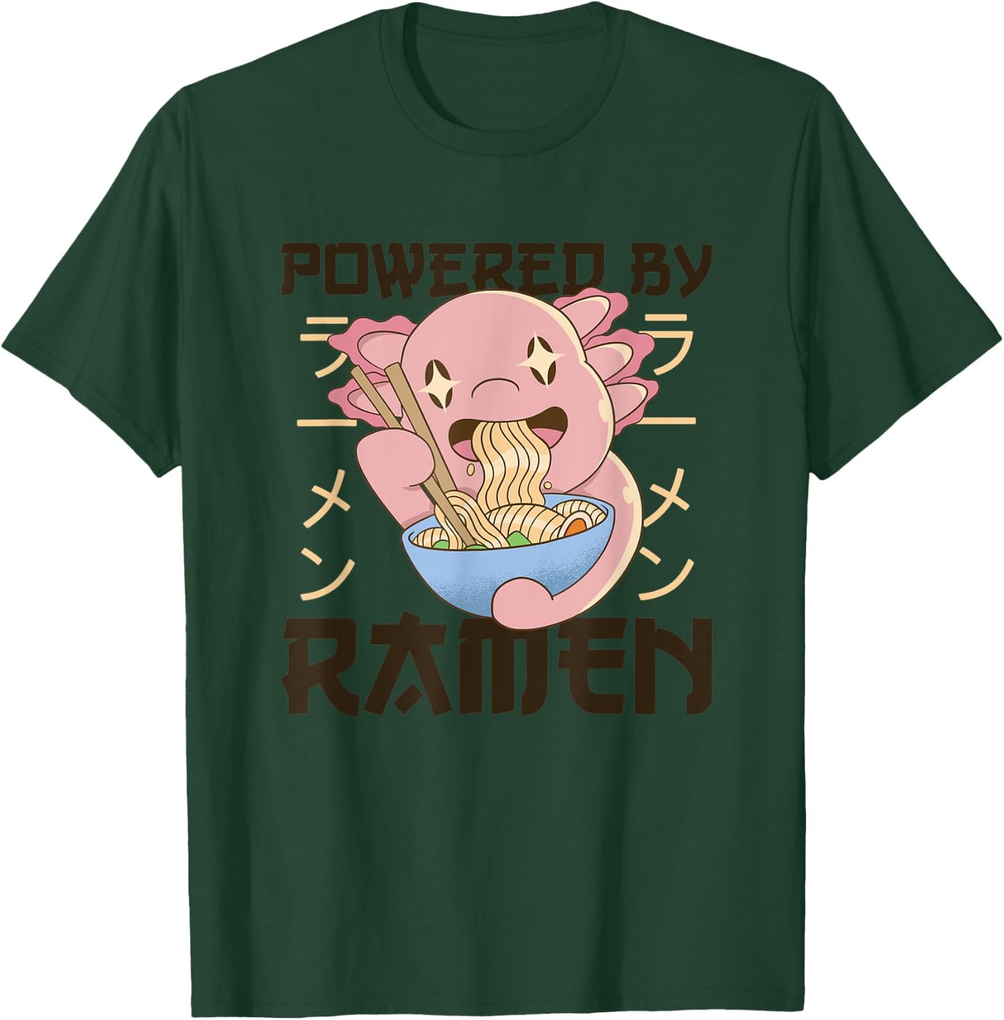 Powered by Ramen Cute Axolotl Eats Ramen Noodles Axolotl T-Shirt - T-Shirt | Forest