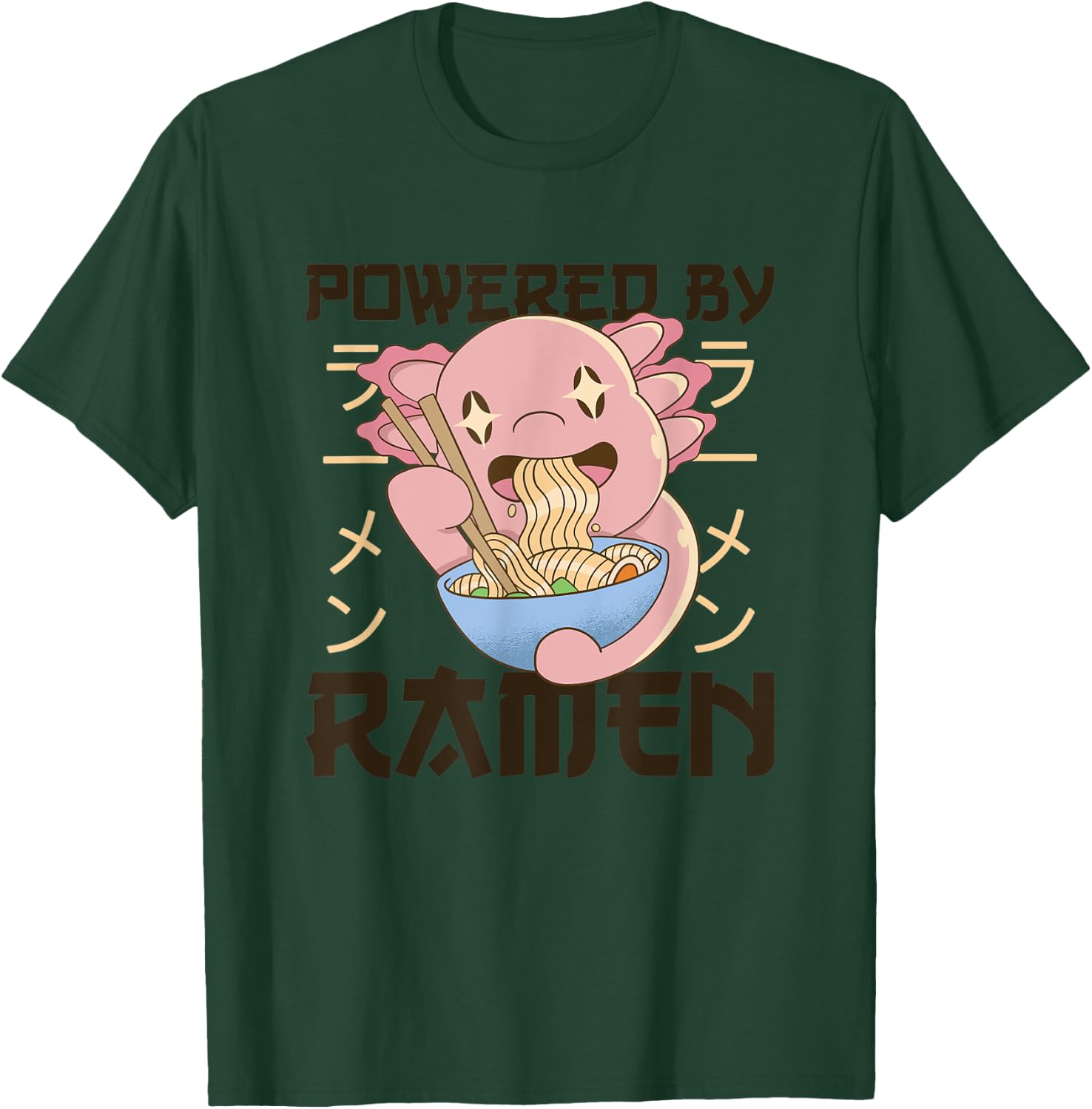 Powered by Ramen Cute Axolotl Eats Ramen Noodles Axolotl T-Shirt - T-Shirt | Forest