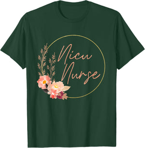 Women NICU Nurse ICU Neonatal Floral Flower Team Tiny Humans T-Shirt - T-Shirt | Forest