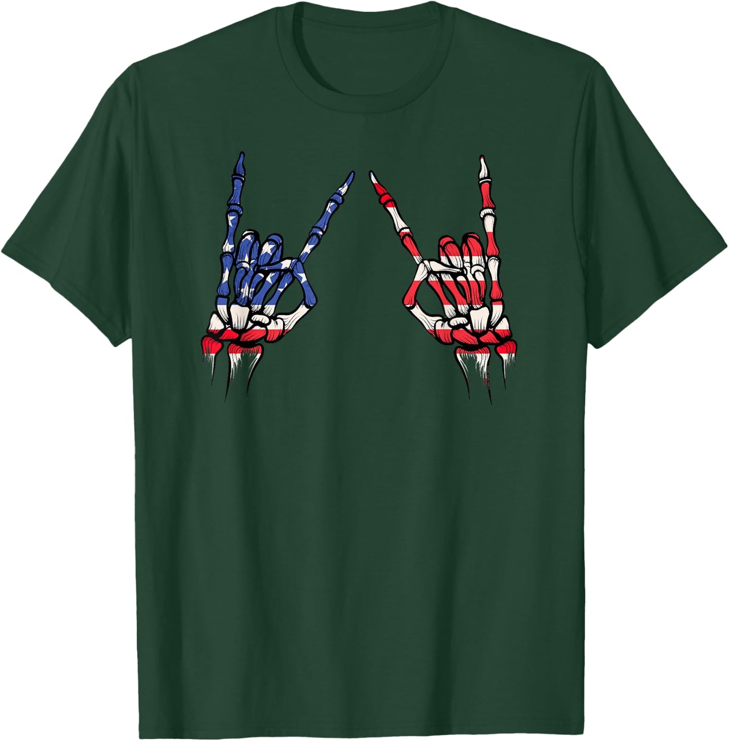 Patriotic USA Flag Skeleton Rock On Devil Horns 4th of July T-Shirt - T-Shirt | Forest
