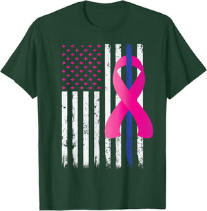 Breast Cancer Awareness Thin Blue Line Vintage Police Flag T-Shirt - T-Shirt | Forest