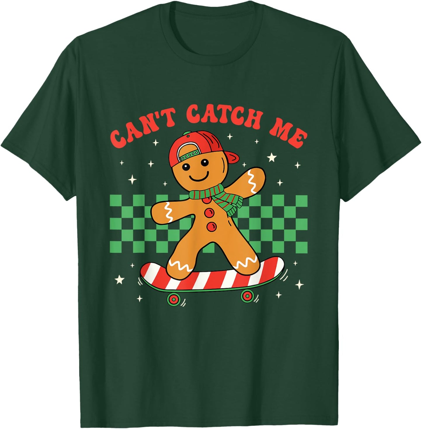 Can't Catch Me Merry Christmas Boy Skateboarding Gingerbread T-Shirt - T-Shirt | Forest