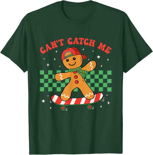 Can't Catch Me Merry Christmas Boy Skateboarding Gingerbread T-Shirt - T-Shirt | Forest