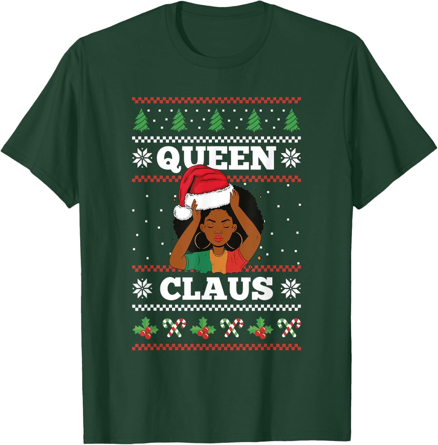 Queen Claus Afro African American Santa Women Ugly Christmas T-Shirt - T-Shirt | Forest