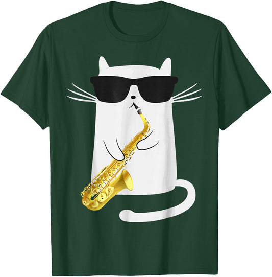 Funny Cat Playing Saxophone For Jazz Musician Saxophonist T-Shirt - T-Shirt | Forest