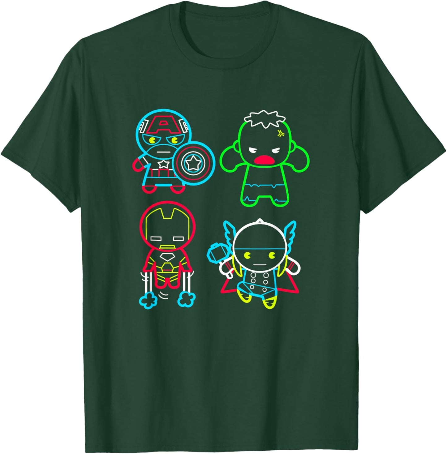 Marvel Kawaii Cute Avengers Neon Outline Group Shot T-Shirt - T-Shirt | Forest