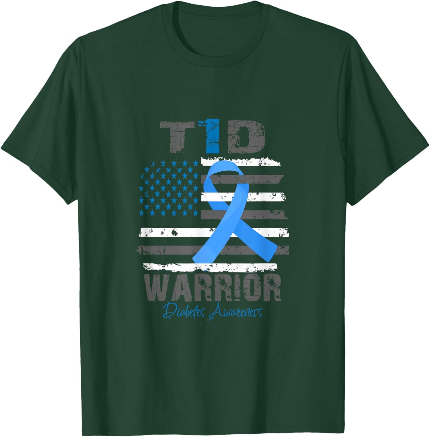 World Diabetes Awareness Blue Ribbon T1D Warrior Type 1 T-Shirt - T-Shirt | Forest