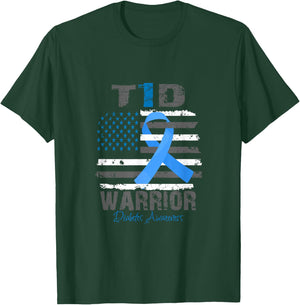 World Diabetes Awareness Blue Ribbon T1D Warrior Type 1 T-Shirt - T-Shirt | Forest
