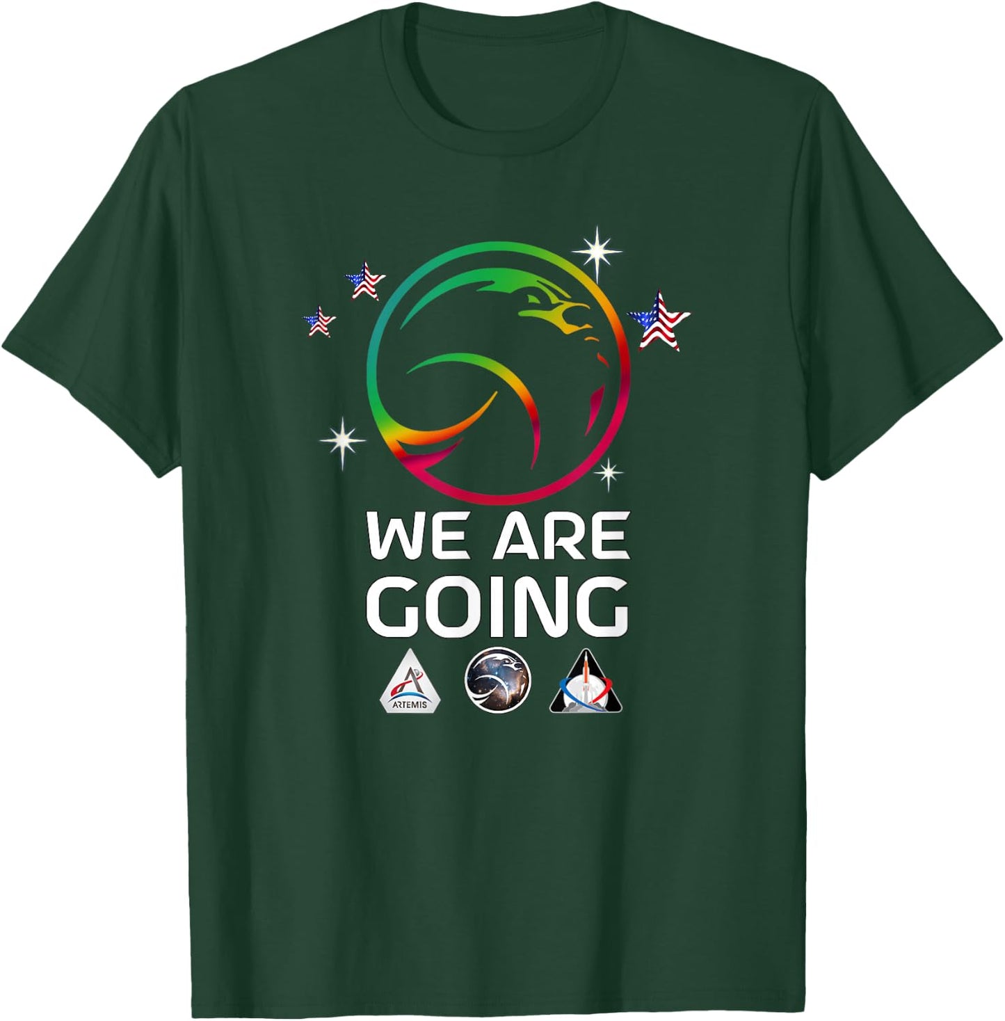 Official Moon Rocket Launch US Flag Stars WE ARE GOING T-Shirt - T-Shirt | Forest