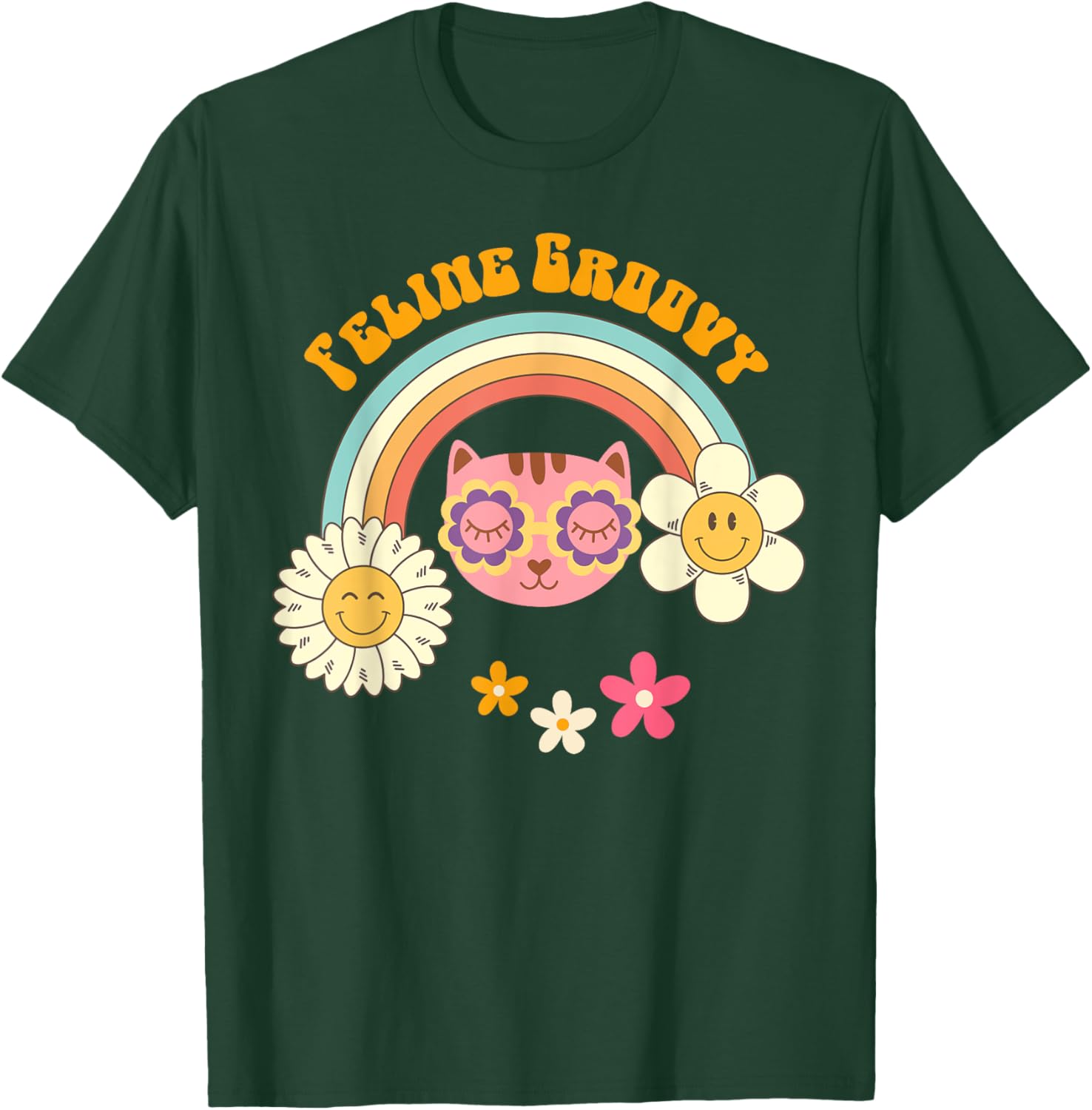 Retro Cat 70's Style: Feline Groovy Rainbow Cat Mom Shirt Women T-Shirt - T-Shirt | Forest