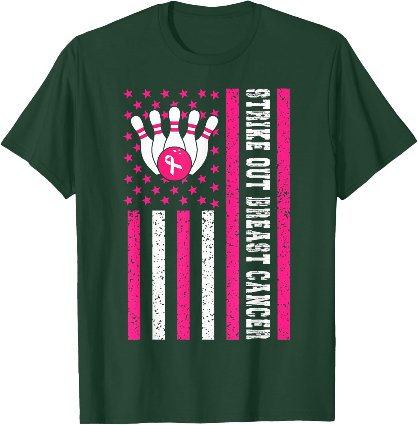 Strike Out Bowling Ribbon USA Flag Breast Cancer Awareness T-Shirt - T-Shirt | Forest