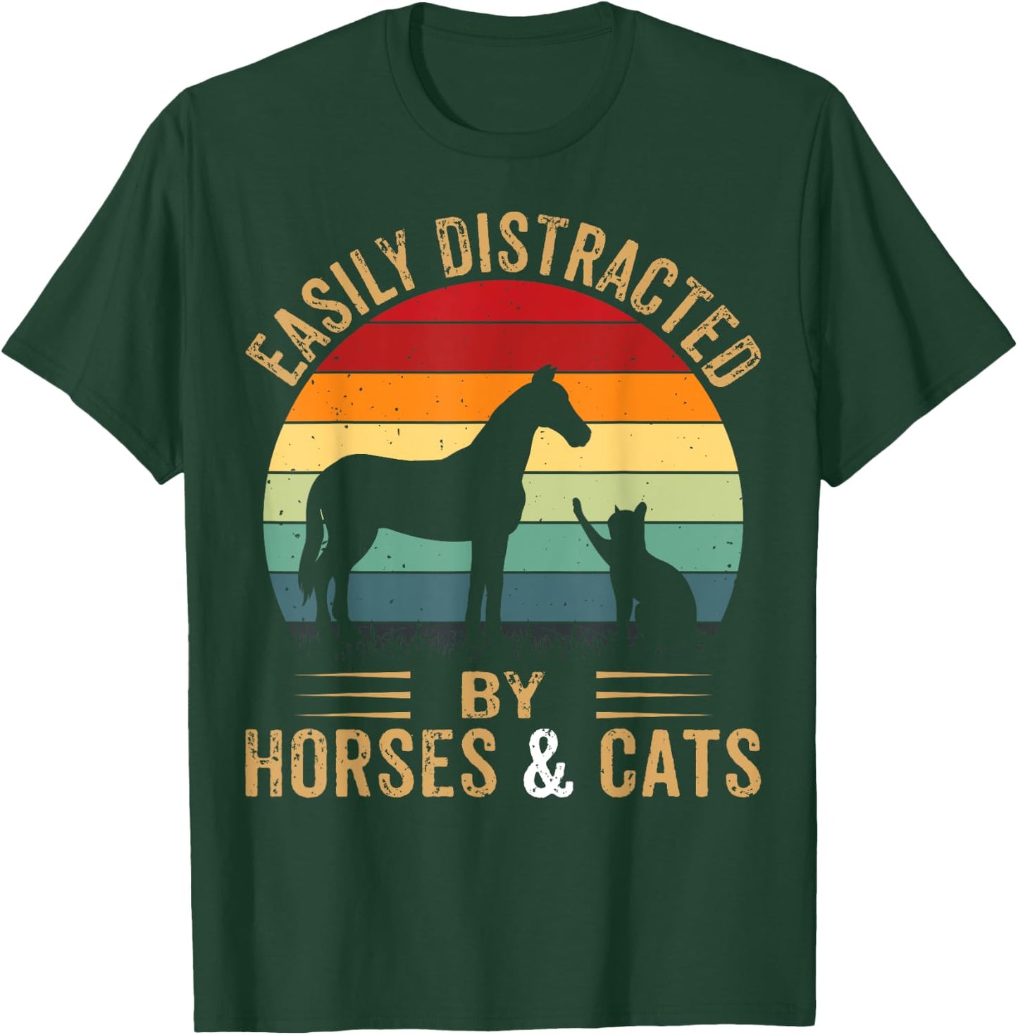 Easily Distracted By Horse And Cats Shirt Horse Riding Girls T-Shirt - T-Shirt | Forest